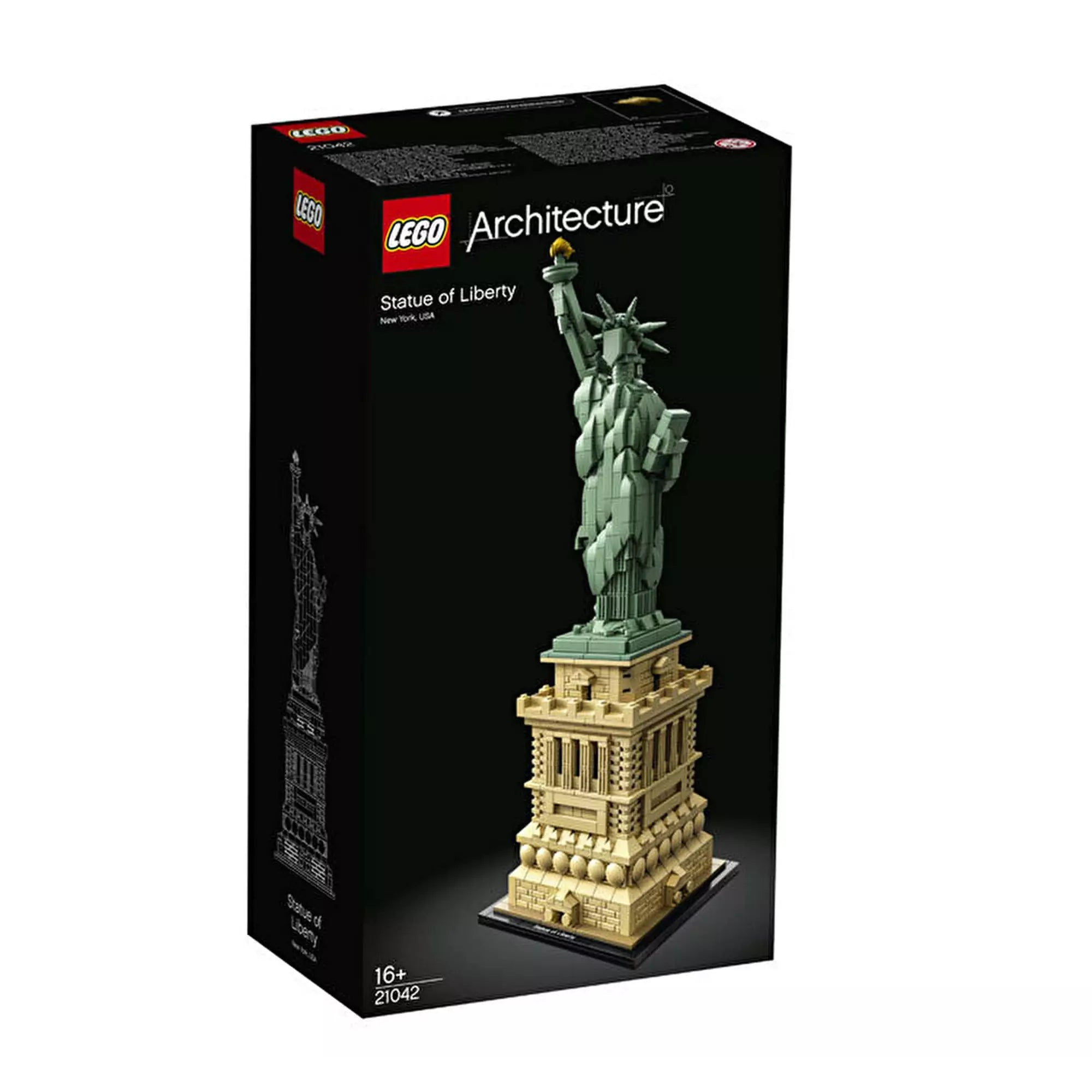 LEGO Architecture Szabadság-szobor (21042) készlet fekete doboza, rajta a részletesen megépített modell képe, zöld szoborral és díszes, bézs talapzattal.