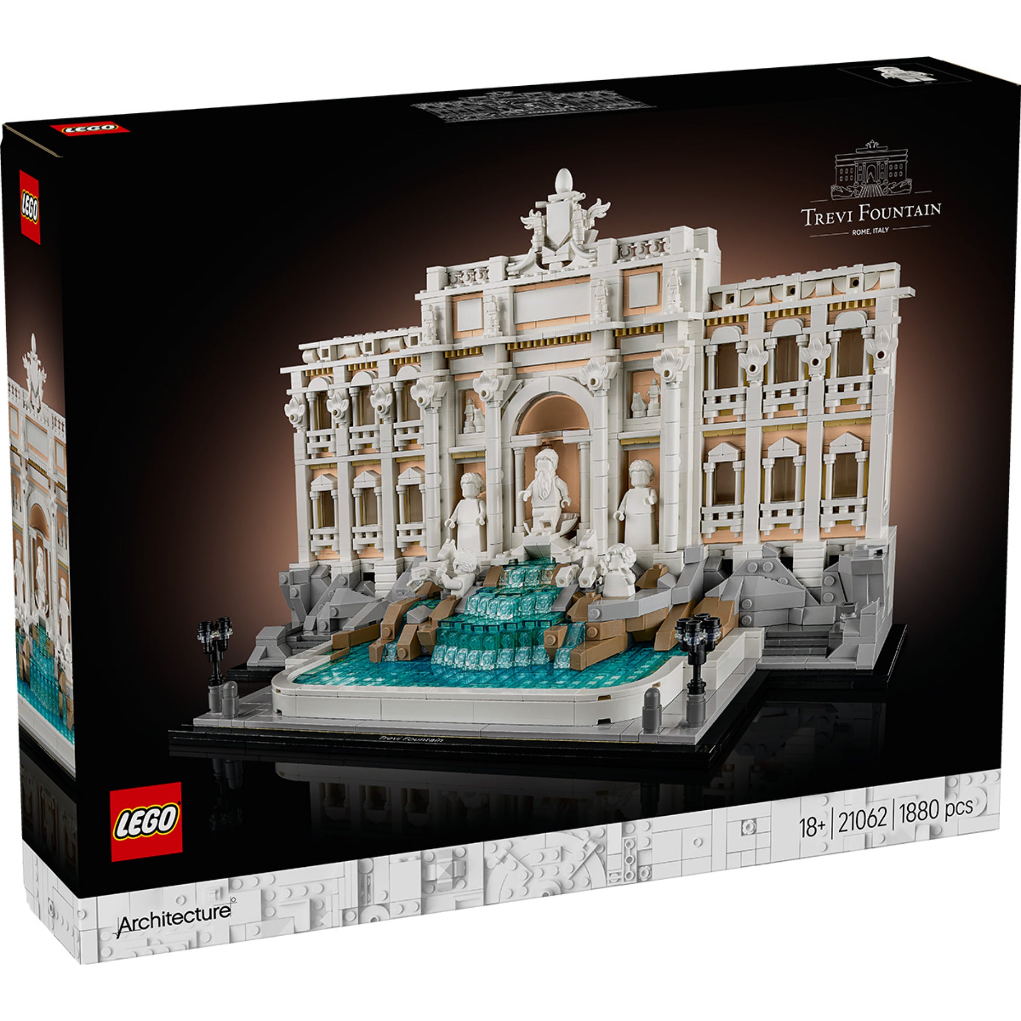 A LEGO Architecture Trevi-kút (21062) doboza, amely a részletgazdag római szökőkút LEGO modelljét ábrázolja, a Palazzo Poli homlokzatával és a vízeséses medencével.