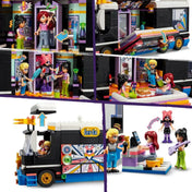 Közelkép a LEGO Friends Menedékhely háziállatoknak (42617) készlet szereplőiről, állatfigurákról és interaktív elemekről, mint a gyümölcsprés, itatókút és a zöldséges láda.