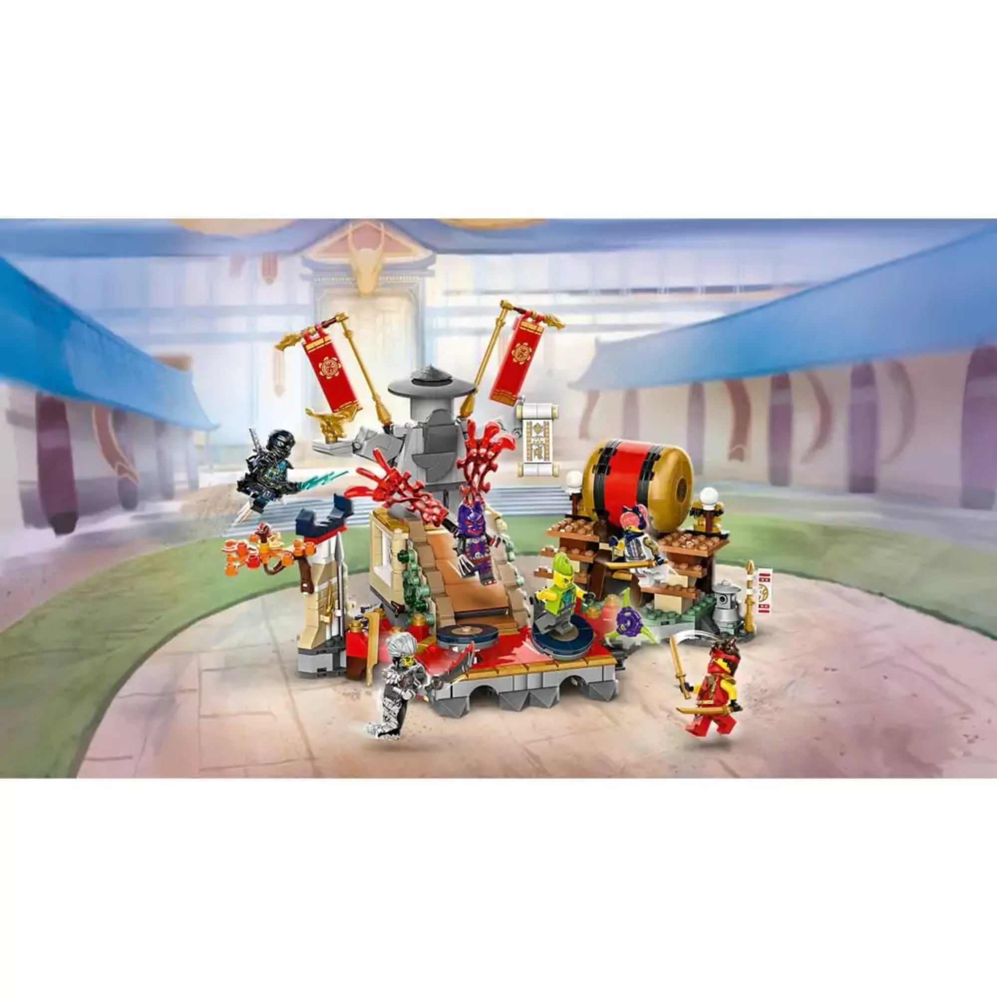 LEGO NINJAGO A bajnokok küzdőtere (71818) teljesen összerakott készlet figurákkal és kiegészítőkkel, harci aréna dobszerkezettel és emelvénnyel