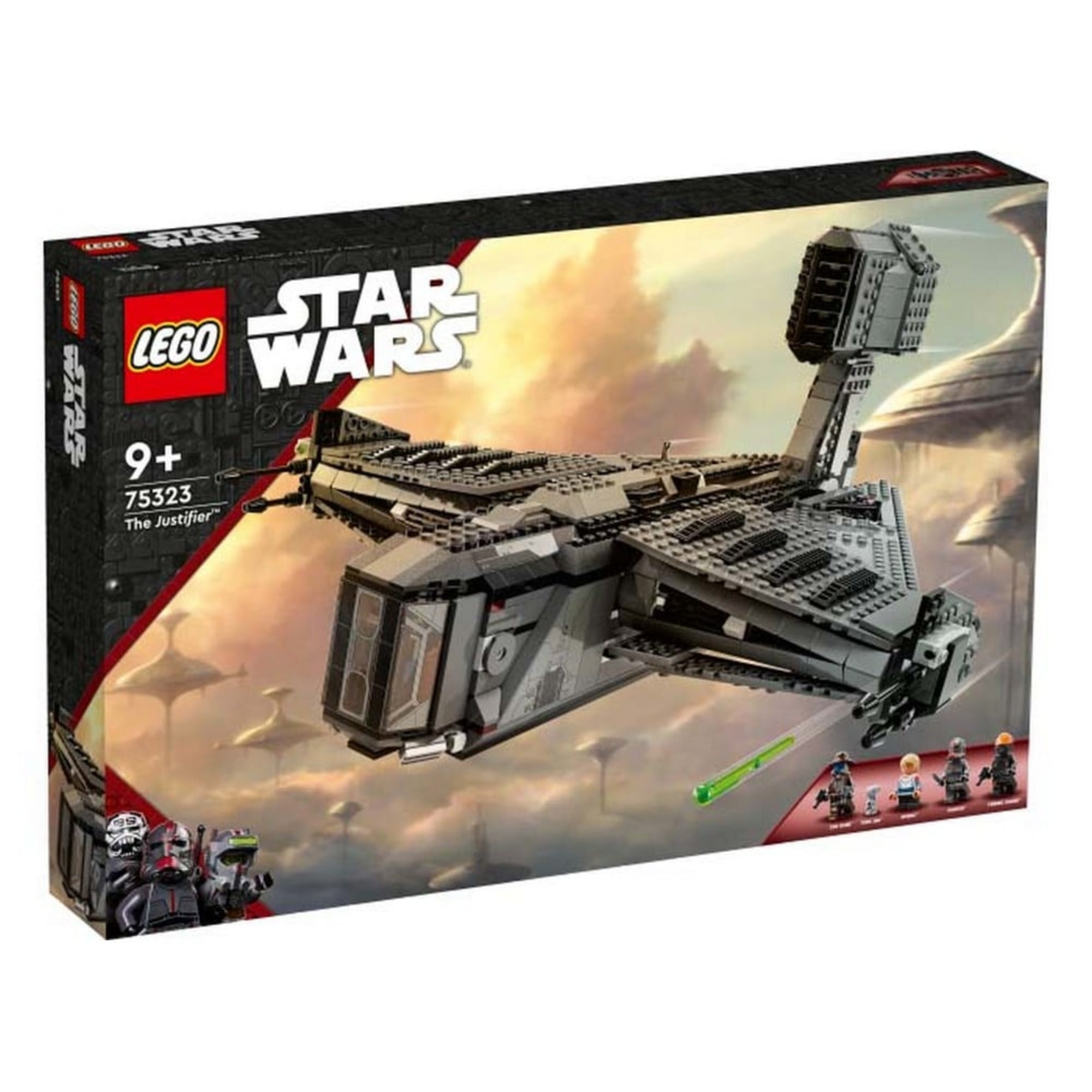 A LEGO Star Wars The Justifier szett doboza, sötét színvilágú űrhajóval a felhőváros hátterében, a sarokban kis méretű karaktergrafikákkal és a készlet 1022 darabos jelölésével.