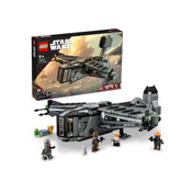 A The Justifier LEGO készlet doboza és az összerakott hajó, a hajó körül elrendezve az öt mellékelt minifigura, köztük Cad Bane és Omega, valamint extra kiegészítők.