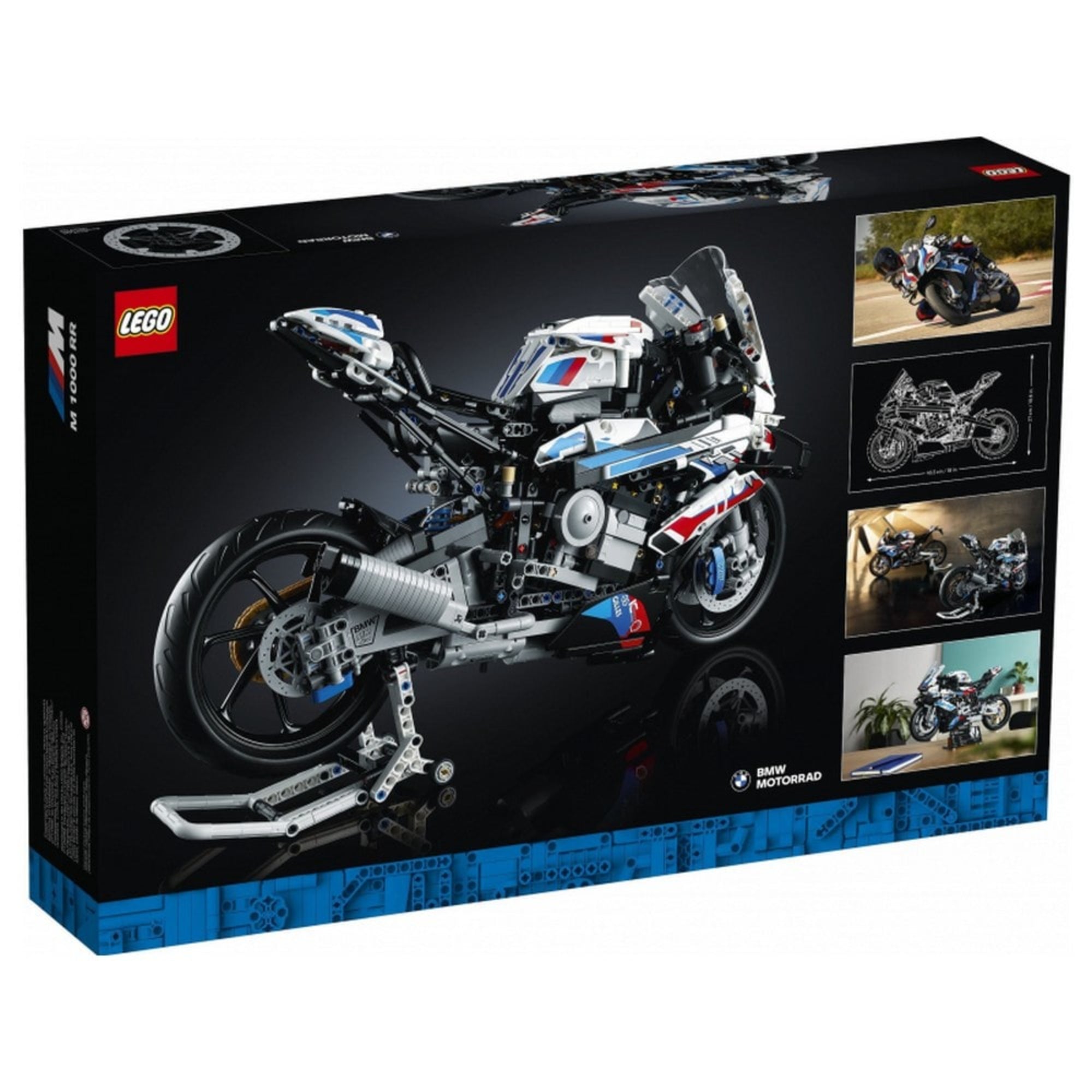 A LEGO Technic BMW M 1000 RR 42130 doboz hátoldala, különböző funkciókat és valós modellfotókat bemutató illusztrációkkal.
