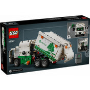 LEGO Technic Mack LR Electric kukásautó 42167 doboz hátoldala, amely bemutatja a mozgatható alkatrészeket, a billenthető konténert és az emelős mechanikát is külön kis képeken.