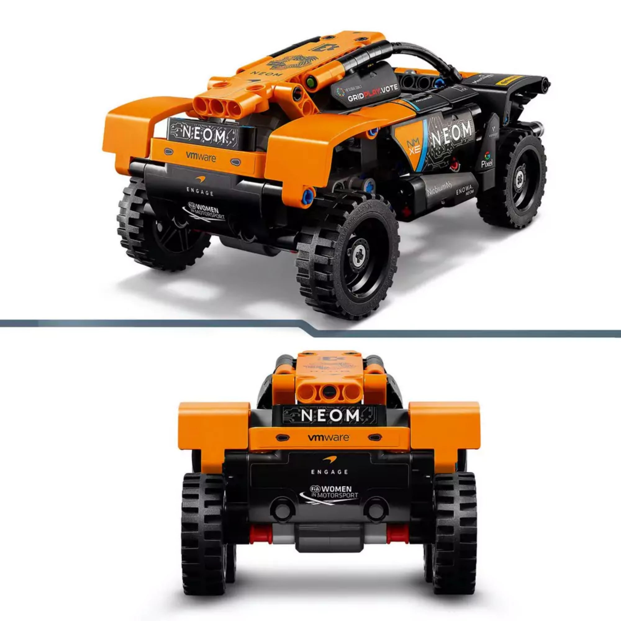 LEGO Technic NEOM McLaren Extreme E versenyautó (42166) hátulnézeti képe, amelyen a hátsó spoiler, versenycsapat-matricák és a részletes hátsó kialakítás látszik.