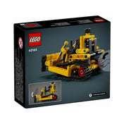 LEGO Technic Nagy teljesítményű buldózer 42163 doboz hátoldala, amely részletes képeken mutatja be a működő mechanizmusokat és a lánctalpak forgathatóságát.