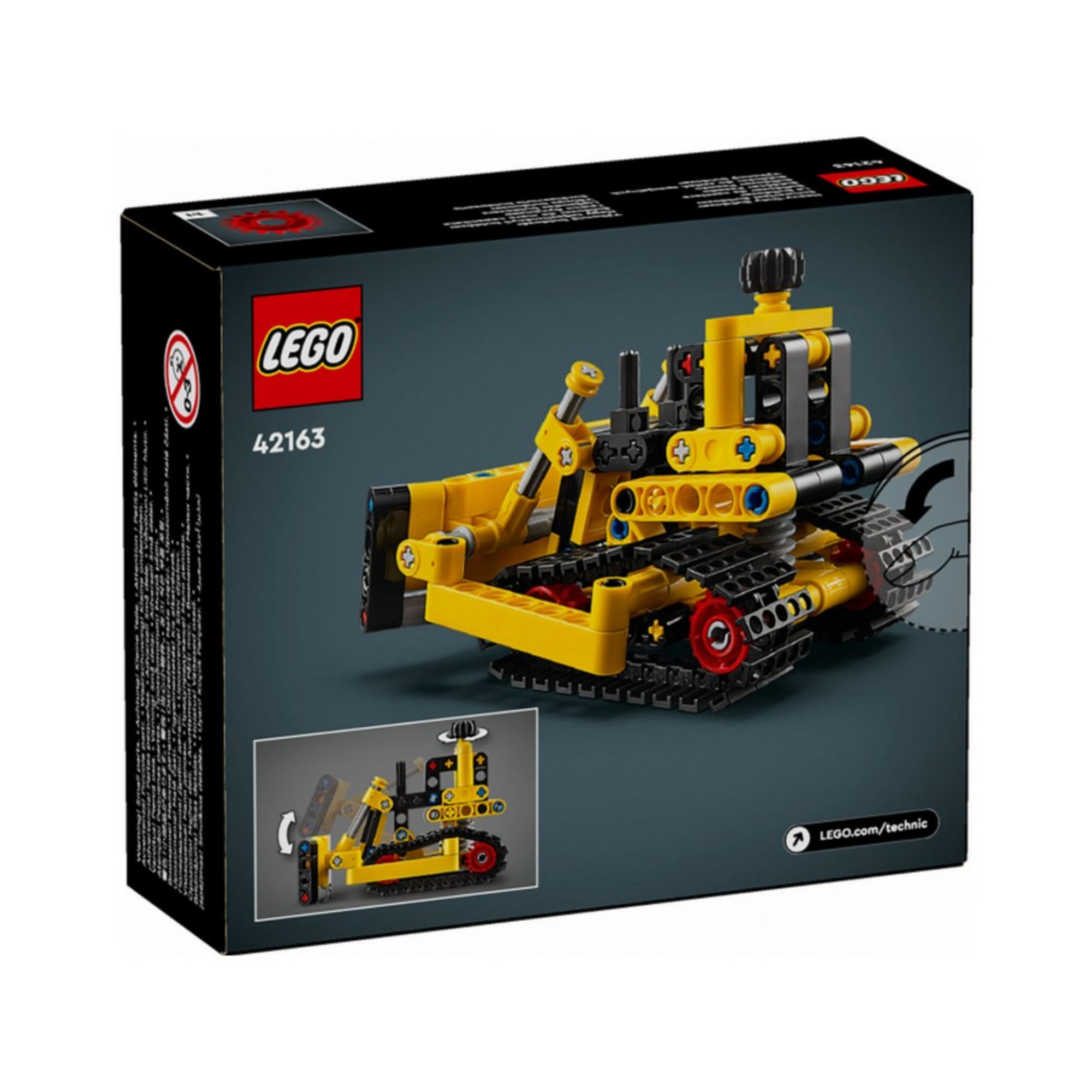 LEGO Technic Nagy teljesítményű buldózer 42163 doboz hátoldala, amely részletes képeken mutatja be a működő mechanizmusokat és a lánctalpak forgathatóságát.