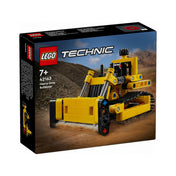 LEGO Technic Nagy teljesítményű buldózer 42163 doboza, dombos háttérrel, amely kiemeli a modell markáns ipari megjelenését és a 7+ korosztálynak szóló ajánlást.