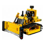 LEGO Technic Nagy teljesítményű buldózer 42163 modell összerakva, sárga és fekete színekben, mozgatható tolólappal és lánctalpas kialakítással.