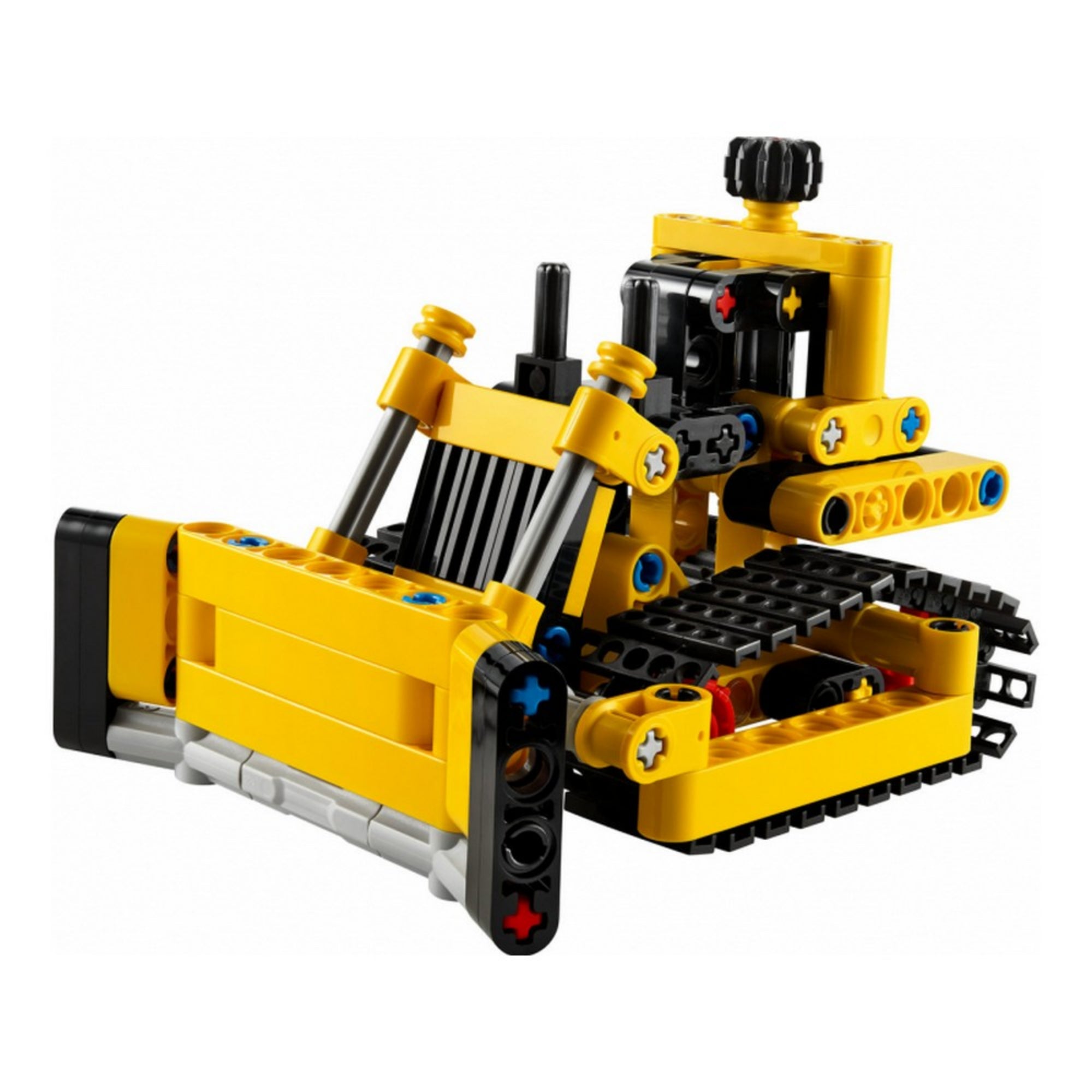 LEGO Technic Nagy teljesítményű buldózer 42163 modell összerakva, sárga és fekete színekben, mozgatható tolólappal és lánctalpas kialakítással.