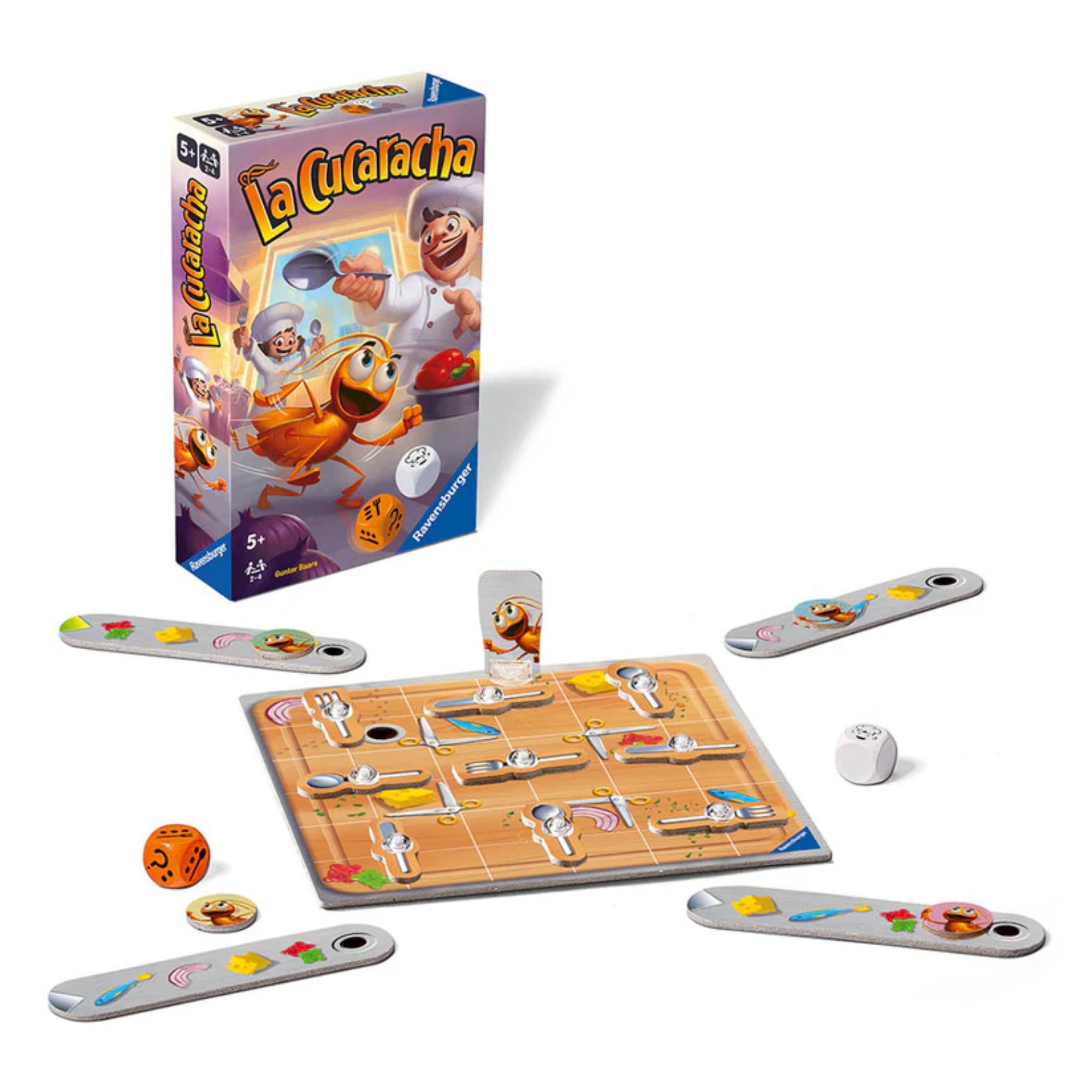 La Cucaracha játék elrendezve: játéktábla, kockák, evőeszközös lapkák és menükártyák, utazásra is ideális méretben.