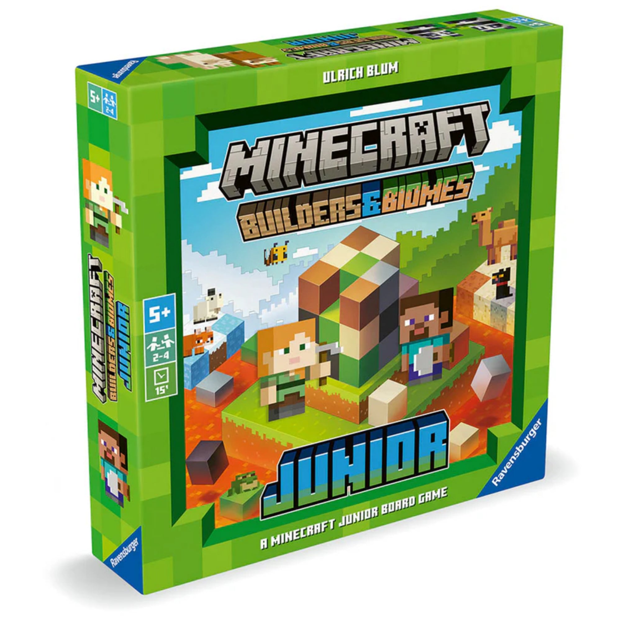 A képen a Minecraft Builders & Biomes Junior társasjáték doboza látható, amely a népszerű Minecraft világát hozza el a kisebb gyerekek számára. A doboz élénk zöld színű, pixeles dizájnnal díszített, amely hűen tükrözi a Minecraft vizuális stílusát. A borítón két ikonikus karakter, Steve és Alex szerepelnek, valamint különféle Minecraft lények, például méh, teve és lávakocka, amelyek izgalmas kalandokat sejtetnek.