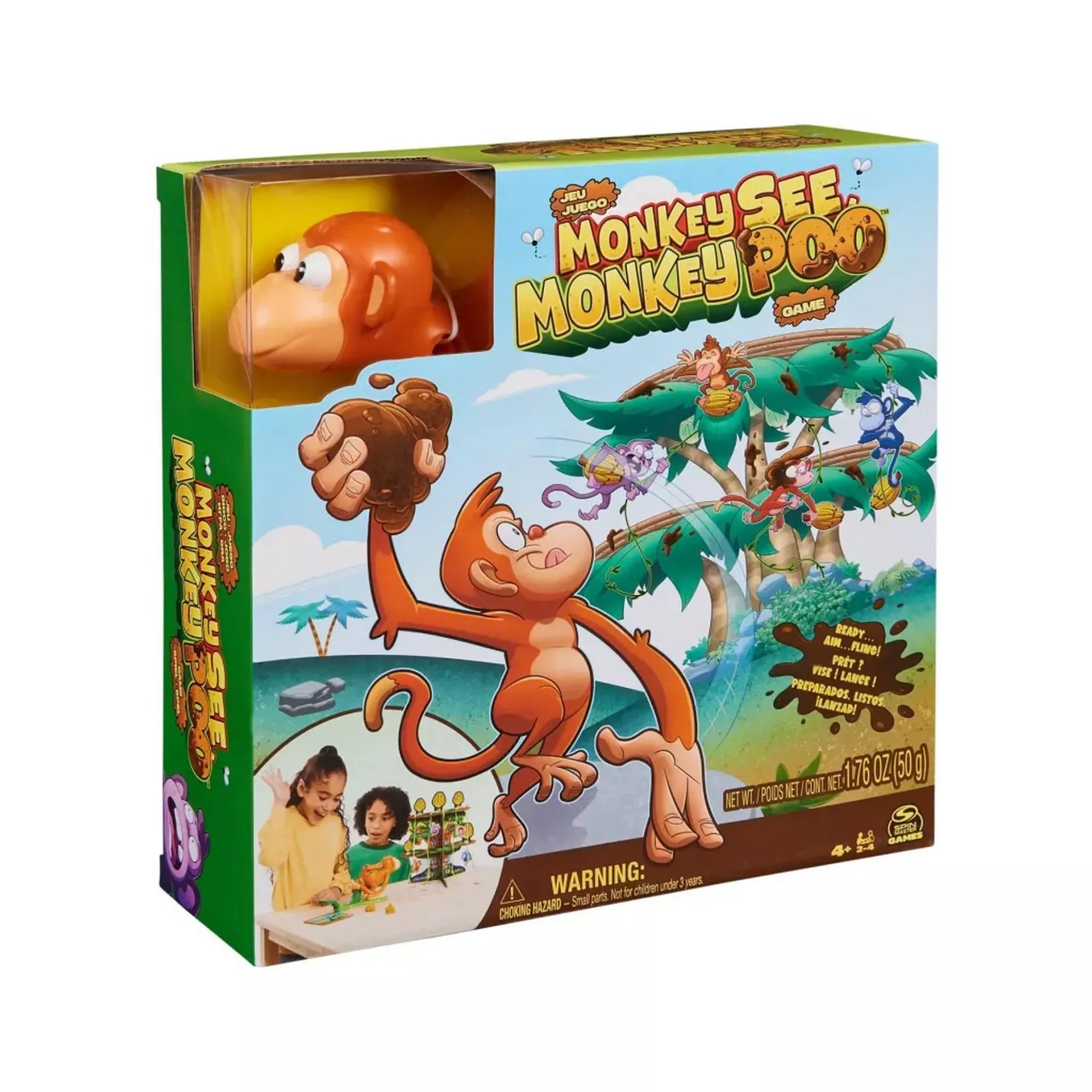 A Monkey See Monkey Poo társasjáték doboza, rajta egy vidám majom illusztrációval, amely „dobásra” készül, valamint egy átlátszó ablakban a játékhoz tartozó majom figura látható.