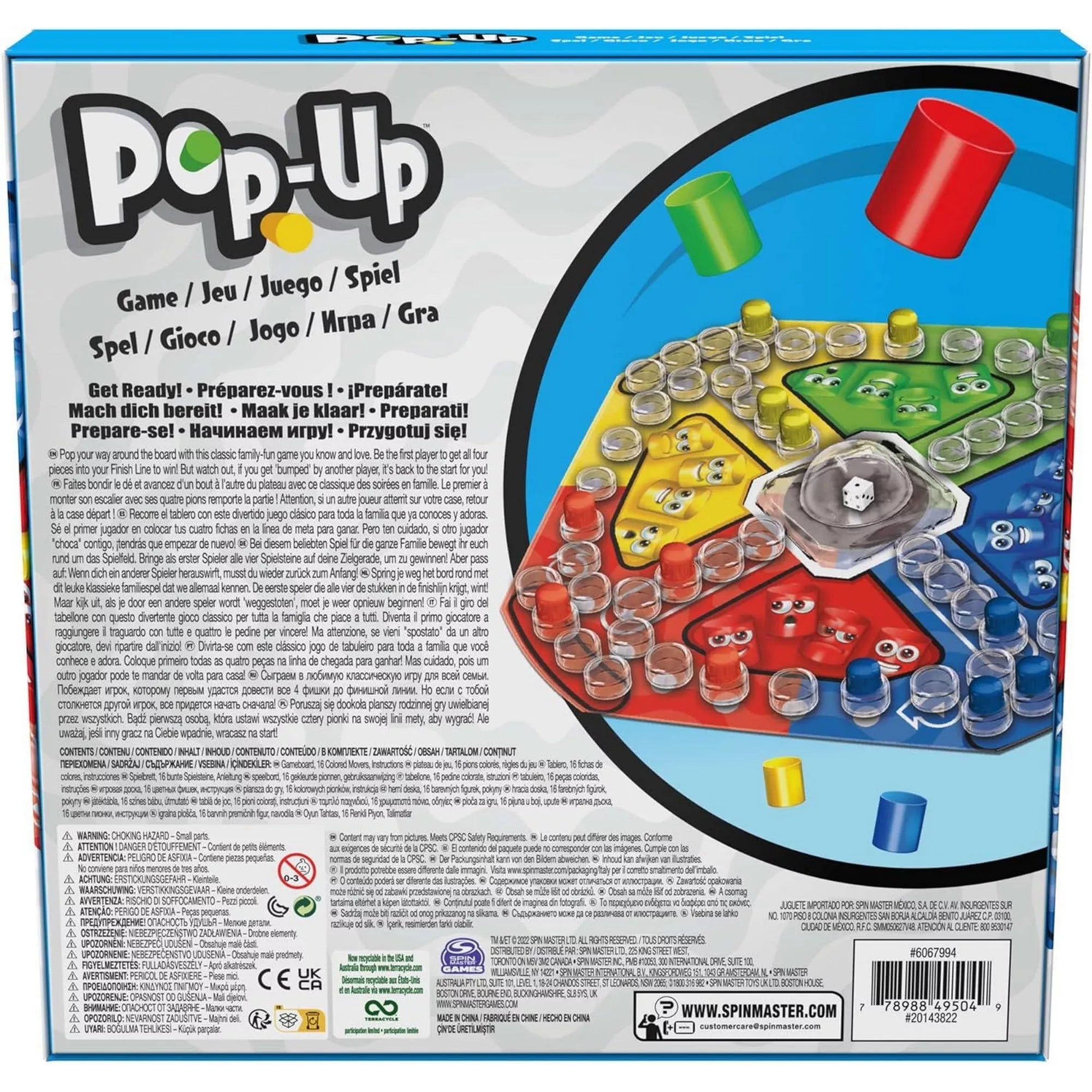 A Pop-Up társasjáték dobozának hátoldala, rajta a színes játéktábla képe, a szabályok több nyelven és a játék leírása látható.