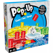 A Pop-Up társasjáték dobozának előlapja, amelyen a színes bábuk és a középen elhelyezett kockadobó látható, vidám grafikával és a játék logójával.