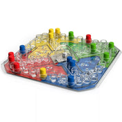 A Pop-Up társasjáték színes játéktáblája négy szegmenssel piros, sárga, zöld és kék bábukkal, középen egy átlátszó kupolás kockadobóval.