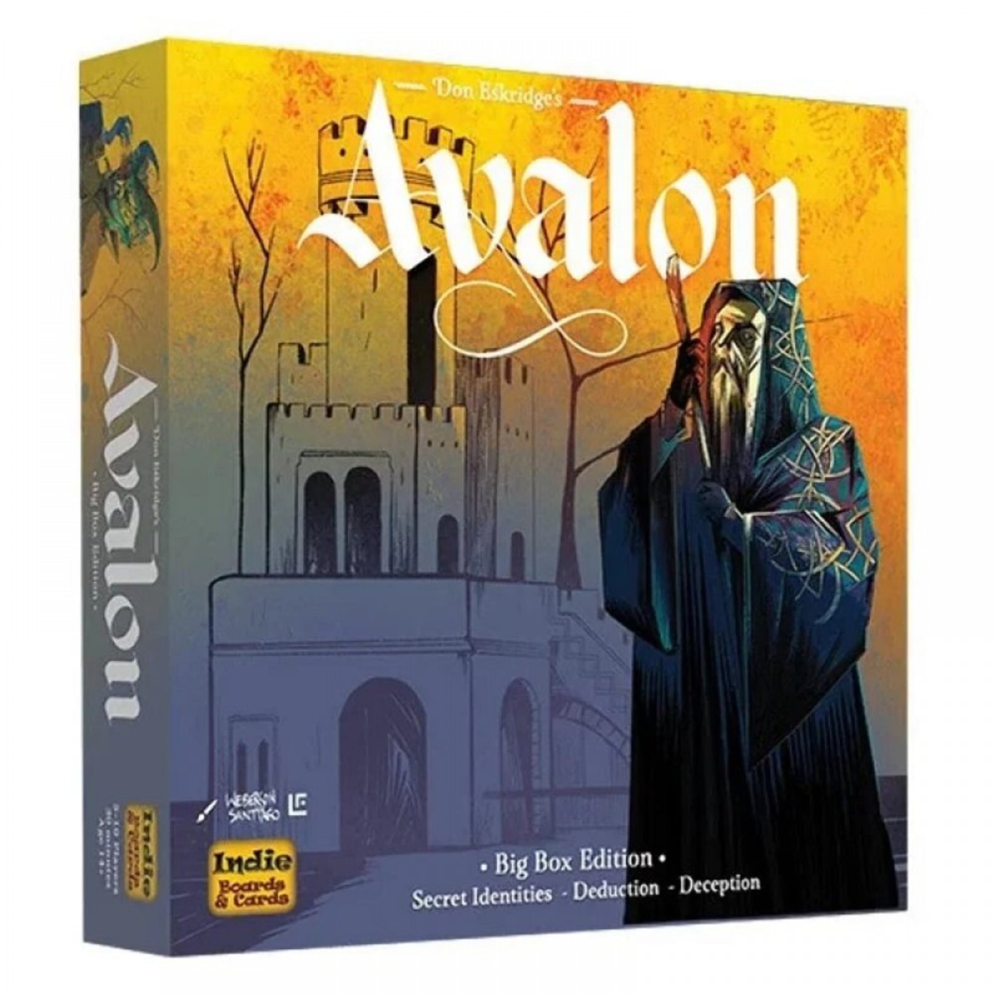 Ez a kép a Resistance Avalon: Big Box Edition társasjáték dobozát ábrázolja. A játék titkos identitásokat, dedukciót és megtévesztést kínál, és egyedi, izgalmas élményt biztosít a játékosok számára. A dobozon a varázsló karaktere és egy középkori kastély jelenik meg, ami a játék misztikus és titokzatos hangulatát tükrözi.