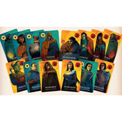 Ez a kép a Resistance Avalon társasjáték szereplőit ábrázoló kártyákat mutatja. A kártyák különböző karaktereket tartalmaznak, mint például a Sárkányt, a Lunatikust, Percivált, Morgana-t és Mordredet. Minden kártya különböző szerepeket és titkos identitásokat jelképez, amelyek a játék stratégiai és dedukciós elemeit erősítik. A karakterek színes illusztrációi izgalmas hangulatot adnak a játéknak.