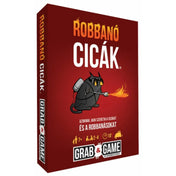 A képen a Robbanó Cicák Mini társasjáték doboza látható. A doboz domináns vörös színű, közepén egy fekete macska látható lángszóróval a mancsában, ami már előrevetíti a játék őrült és morbid humorát. Az alsó részen a játék jellemzői is feltüntetésre kerültek: 7 éves kortól ajánlott, 2–4 játékosnak szól, és egy kör kb. 10 percig tart. A Grab & Game logó is jelzi, hogy ez egy kompakt, útközben is játszható verziója az eredeti Robbanó Cicák játéknak.