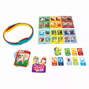 A Ți-e scris în frunte Junior társasjáték elemei: színes fejpánt, állatos kártyák, élőhelyeket ábrázoló tábla és különféle kérdéskártyák a gyerekek számára.