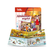 A Tolki – Állatok világa interaktív foglalkoztató hangoskönyv borítója és kinyitott oldalpárja, amelyen erdei állatok – például őz, róka, vadkan, bagoly és farkas – láthatók részletes, színes rajzokon.