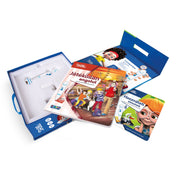 Nyitott dobozban elhelyezett Tolki – Állatok világa szett tartalma: bal oldalon a habszivacs rekeszben található elektronikus toll, jobb oldalon az állatokkal gazdagon illusztrált interaktív hangoskönyv, valamint egy színes használati útmutató, rajta a narancssárga hajú karakterrel.