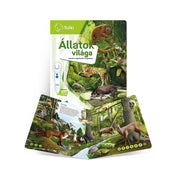 A Tolki interaktív könyv „Az állatok világa” kinyitott állapotban, színes erdei jelenettel, ahol különféle állatok – például róka, őz, vaddisznó, bagoly – szerepelnek, és az oldalon ikonok segítik az interaktív tartalom elérését.