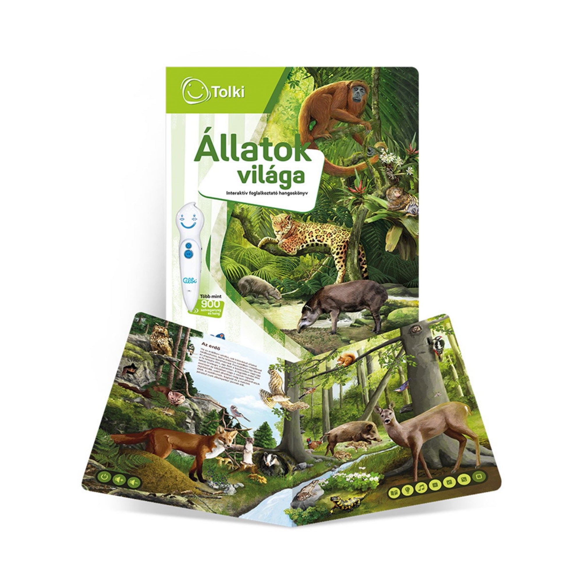 A Tolki interaktív könyv „Az állatok világa” kinyitott állapotban, színes erdei jelenettel, ahol különféle állatok – például róka, őz, vaddisznó, bagoly – szerepelnek, és az oldalon ikonok segítik az interaktív tartalom elérését.