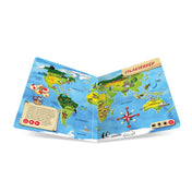 A Tolki – Állatok világa könyv kinyitott állapotban, egy részletes erdei jelenettel, amelyen őz, róka, vaddisznó, bagoly és más állatok láthatók, valamint ikonok a hangfunkciókhoz.