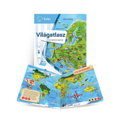 A Tolki – Állatok világa interaktív könyv borítója és kinyitott oldala együtt, bemutatva a dzsungelbeli és erdei élőhelyeket sokféle állattal, valamint a könyvbe integrált elektronikus tollal.