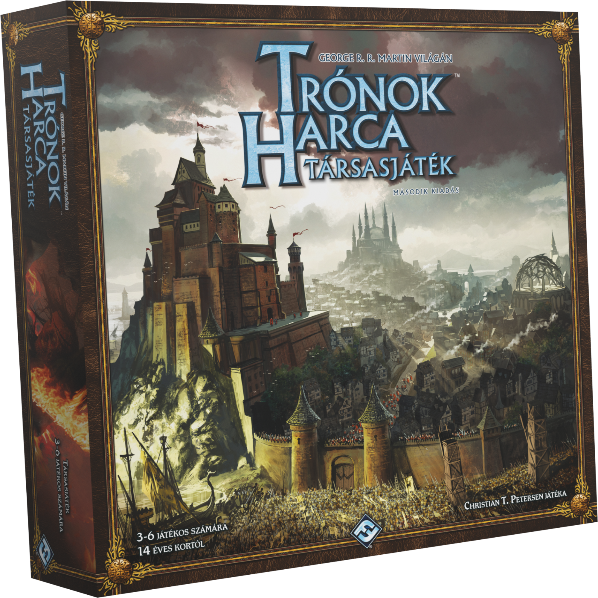 Trónok harca társasjáték doboza – A Trónok harca társasjáték doboza, amelyen egy látványos illusztráció látható Királyvár erődítményéről és a háttérben Westeros tájával. A doboz dizájnja sötét tónusú, díszes aranyszegéllyel és a második kiadás felirattal.