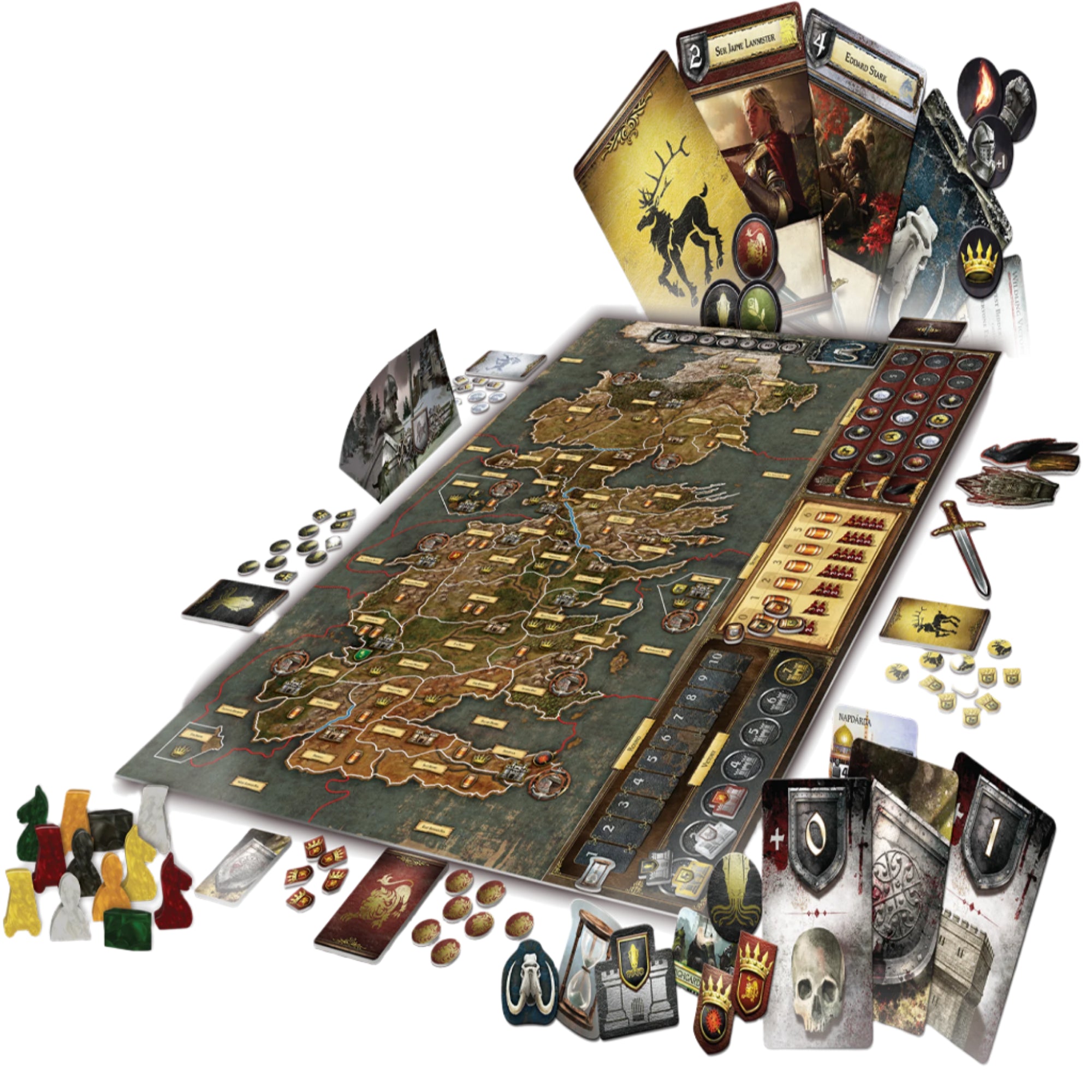 Trónok harca társasjáték játéktábla és tartozékok – A társasjáték teljes elrendezése, amely magában foglalja Westeros részletes térképét, frakciójelzőket, karakterkártyákat, paravánokat, különböző tokeneket és stratégiai elemeket. Egy összetett stratégiai játék kellékei láthatók, amelyek a hatalomért folytatott harcot idézik meg.