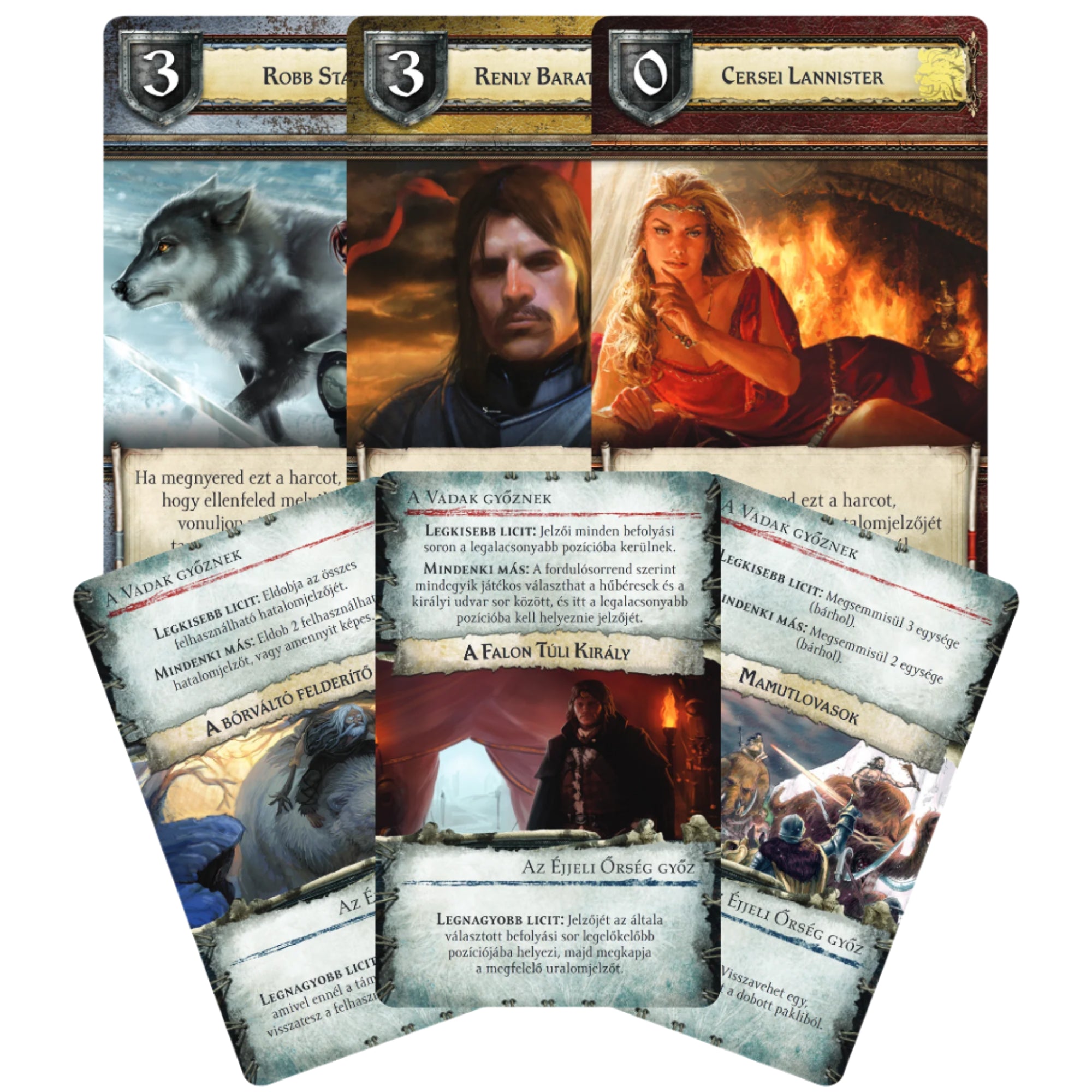 Trónok harca társasjáték karakter- és eseménykártyák – A társasjáték karakterkártyái, többek között Robb Stark, Renly Baratheon és Cersei Lannister portréival. Az eseménykártyák különböző játékszabályokat és fordulatokat tartalmaznak, amelyek befolyásolják a játék menetét.
