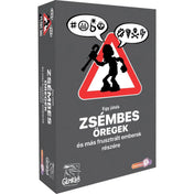 A Zsémbes öregek társasjáték doboza, szürke háttéren piros figyelmeztető háromszöggel, benne egy bottal hadonászó öregember sziluettjével, felül vicces piktogramokkal díszítve.