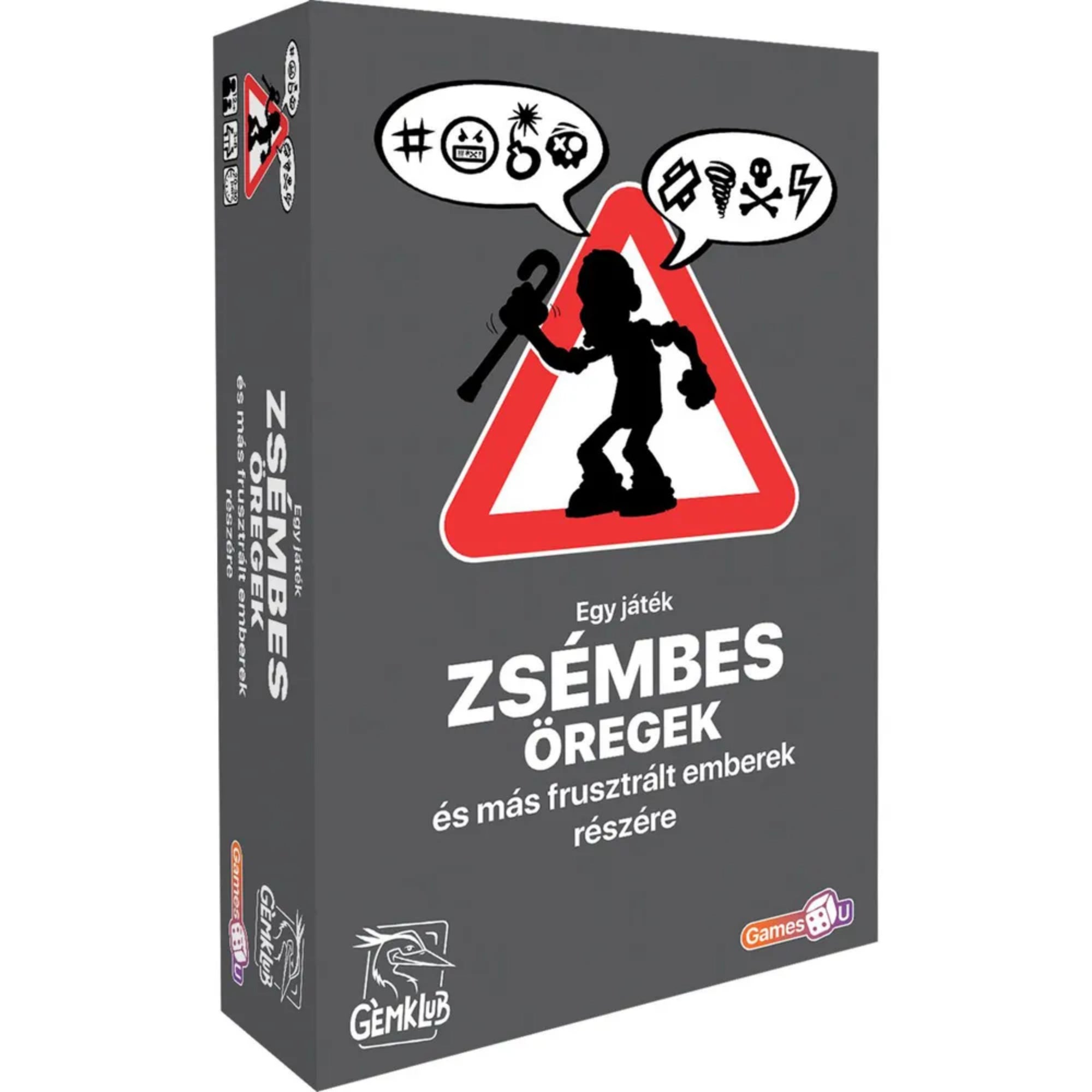 A Zsémbes öregek társasjáték doboza, szürke háttéren piros figyelmeztető háromszöggel, benne egy bottal hadonászó öregember sziluettjével, felül vicces piktogramokkal díszítve.