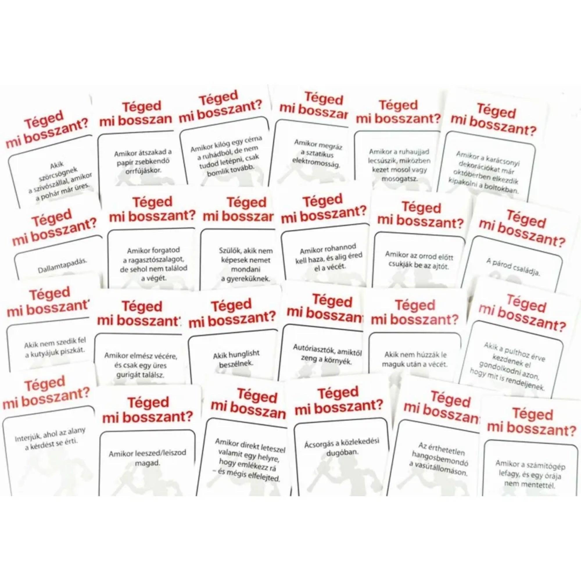 Zsémbes öregek kártyái „Téged mi bosszant?” felirattal, különféle idegesítő helyzeteket ábrázoló szövegekkel, például: „Amikor leszeded/leteszed magad” vagy „Dallamtapadás”.
