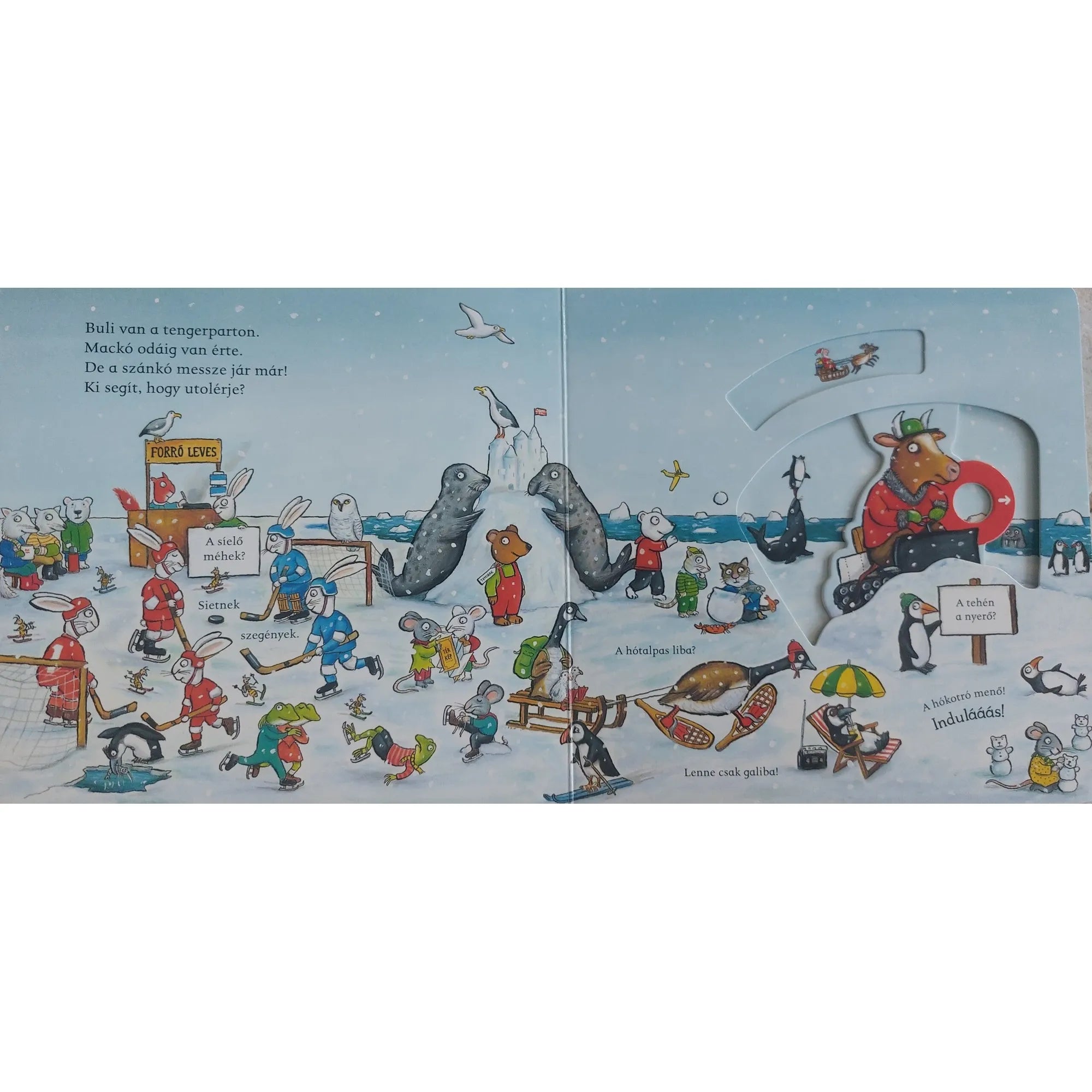 Állatok vidáman korcsolyáznak és hokiznak a jeges tengerparton az A karácsonyi mackó könyv illusztrációján. A háttérben fókák, pingvinek és egy tehén szánkón ülve indul útnak.