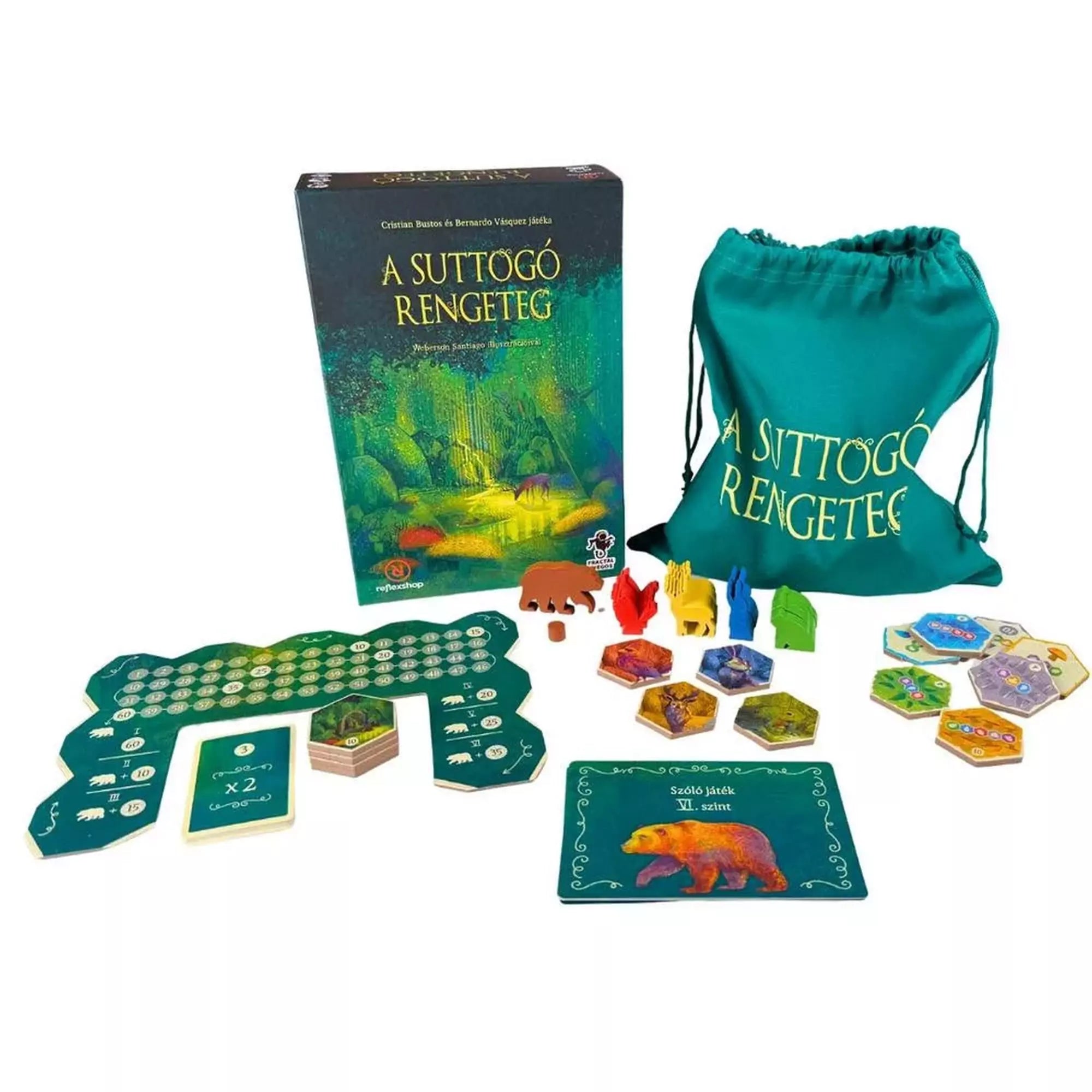 A Suttogó Rengeteg társasjáték teljes tartalma: játéktábla, állatfigurák, hexagon lapkák, kártyák és zöld vászonzsák.