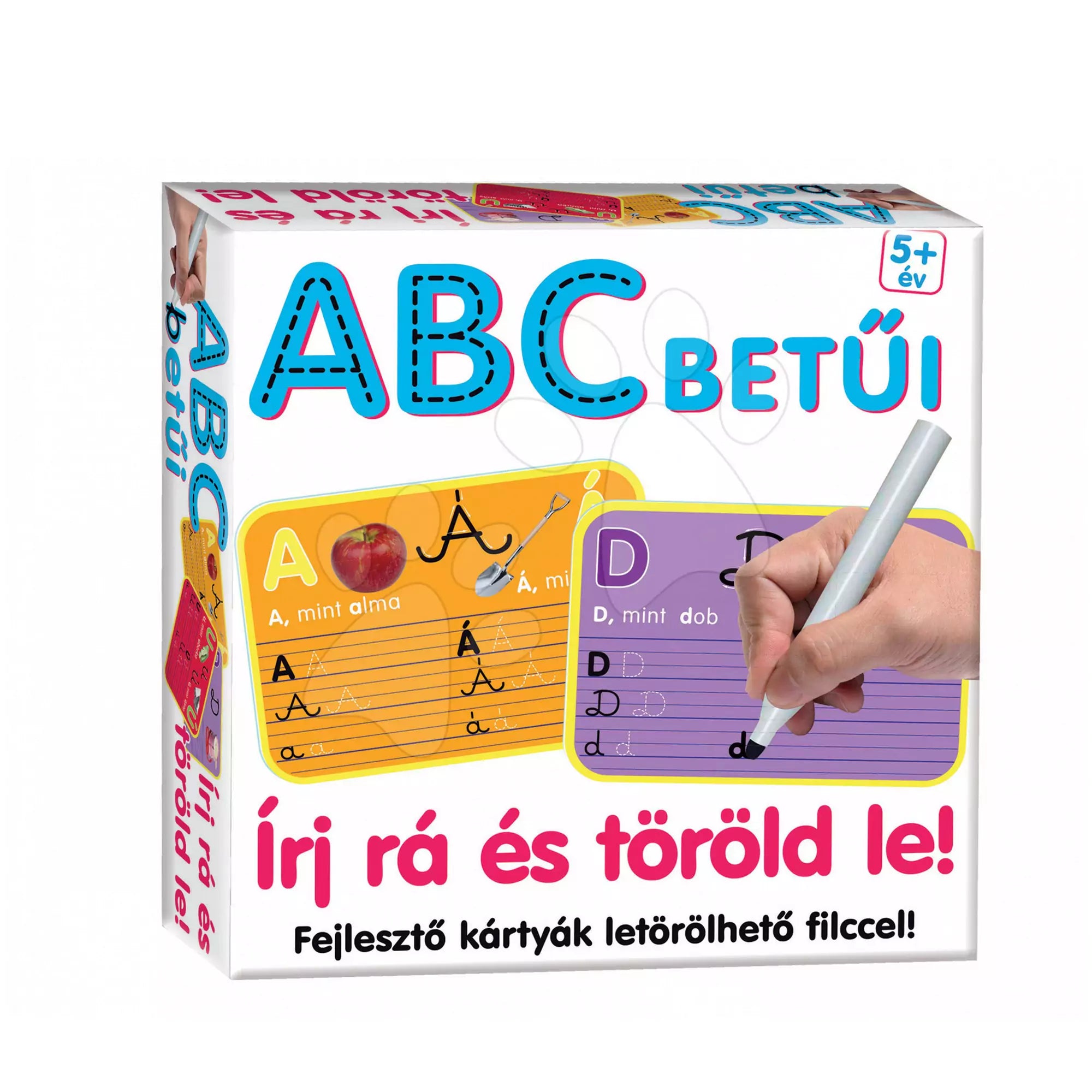 ABC betűi – Írj rá és töröld le!” fejlesztő játék doboza, amelyen A és D betűs gyakorlókártyák, valamint egy kéz, amint filctollal ír a lila táblára, látható.