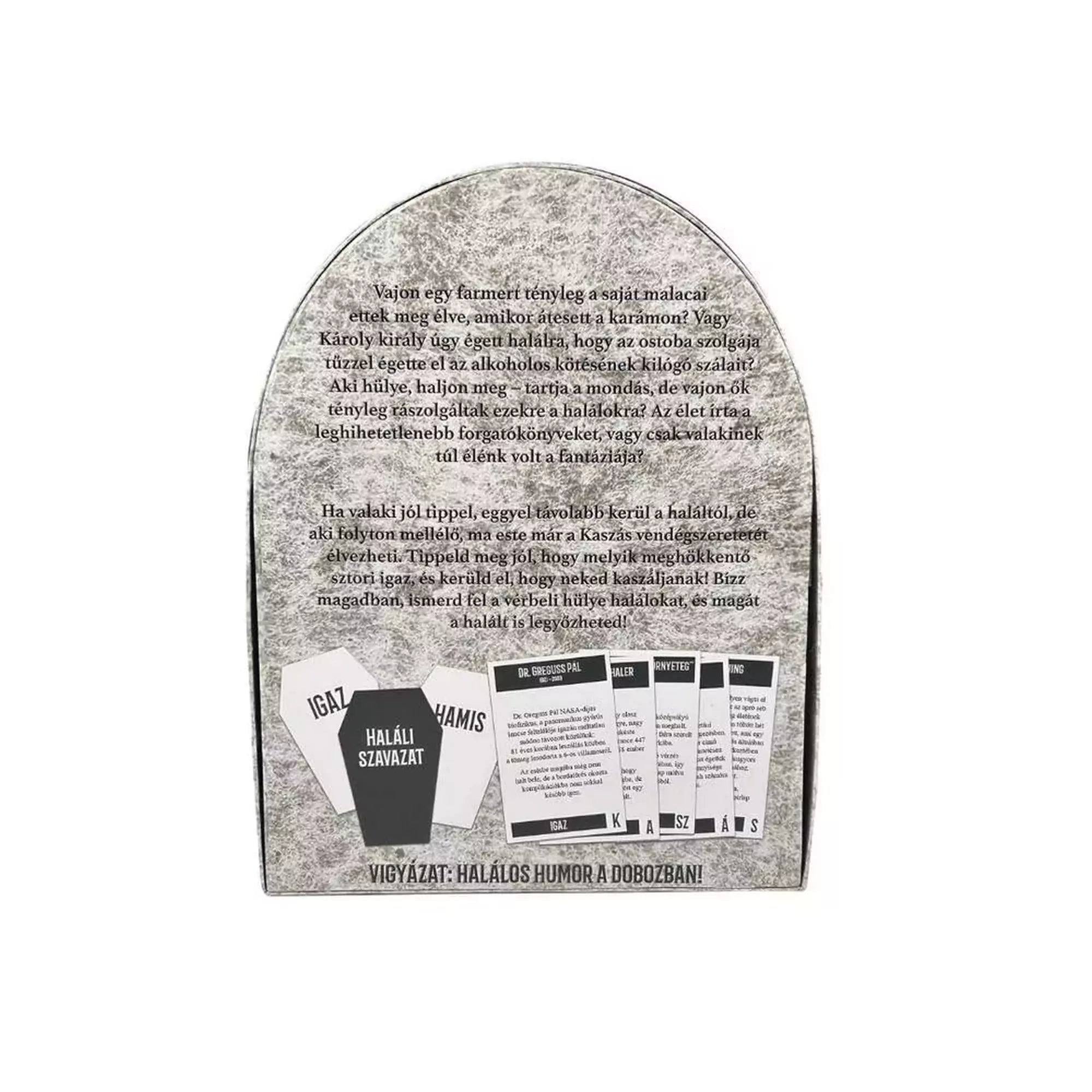 Az Aki hülye, haljon meg! társasjáték sírkőszerű dobozának hátoldala, részletes leírással és kártyaképekkel.