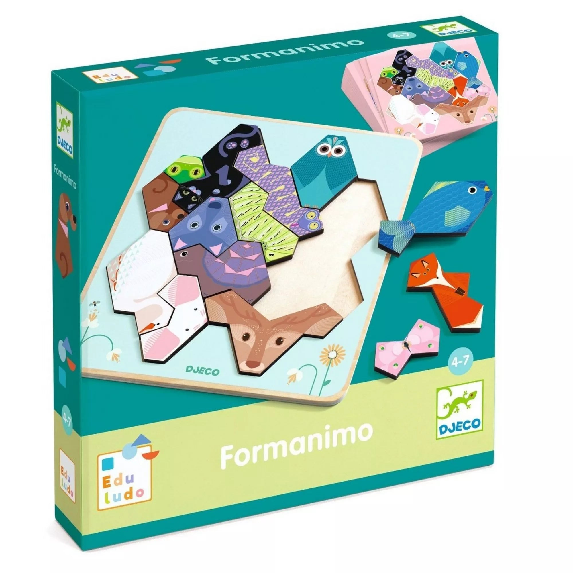 A Djeco Állati logika! Fejlesztő játék doboza, amelyen színes, geometriai formákból összeállított állatok láthatók. A csomag az Edu Ludo sorozat része, 4–7 éves gyerekek számára ajánlott. A doboz előlapja bemutatja a fa alapot és az állatfigurákból kirakható mintákat.