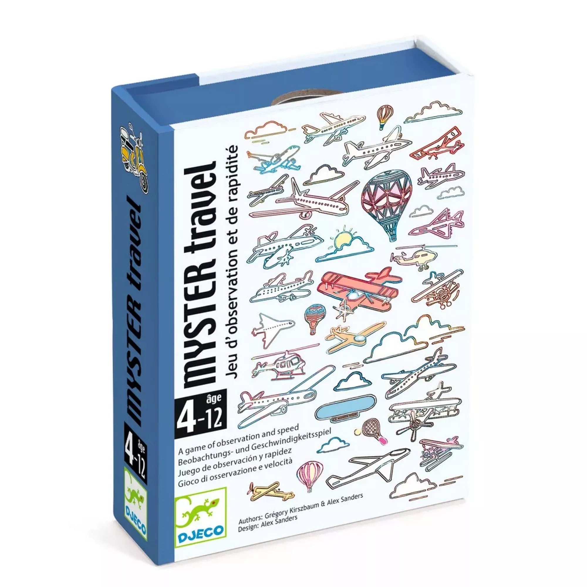 A Djeco Myster Travel társasjáték színes doboza repülőkkel, léghajókkal és járművekkel díszítve. Kompakt, könnyen hordozható megfigyelős játék 4 éves kortól.