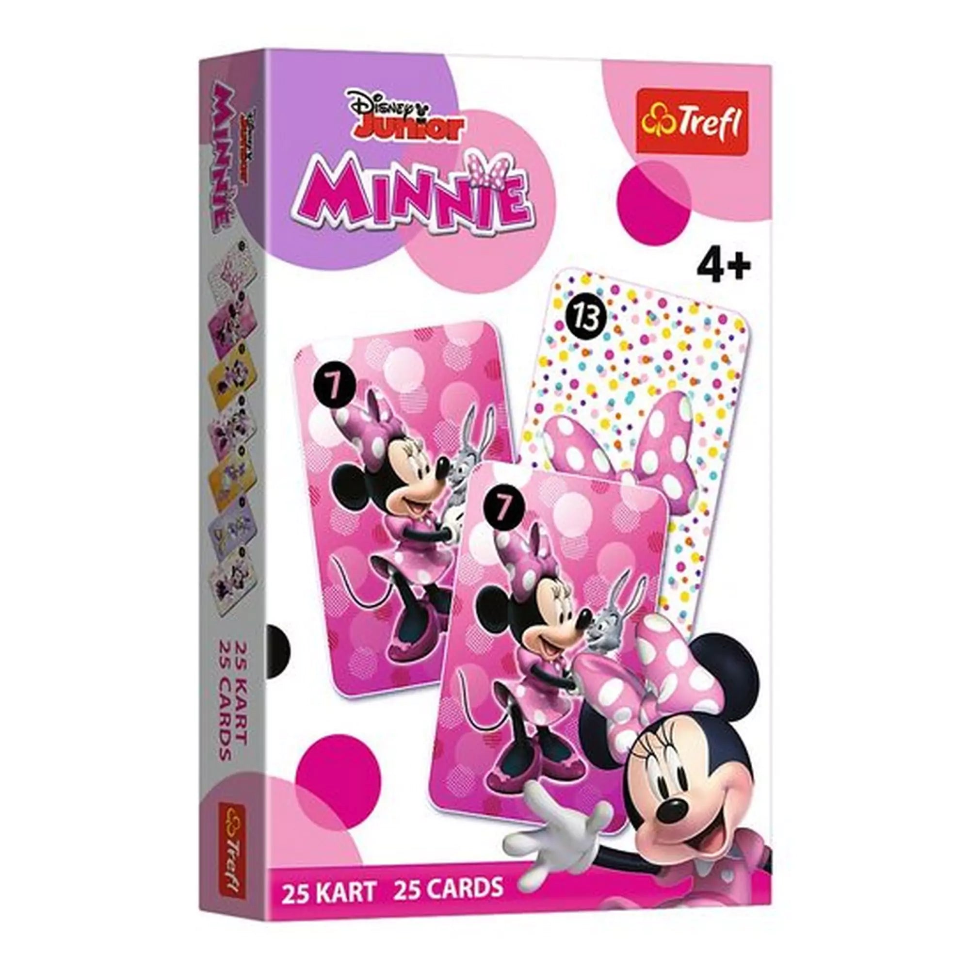 „Fekete Péter kártya: Minnie – a játék doboza Minnie egérrel és két kártyalappal, 25 darabos Trefl kiadás.”