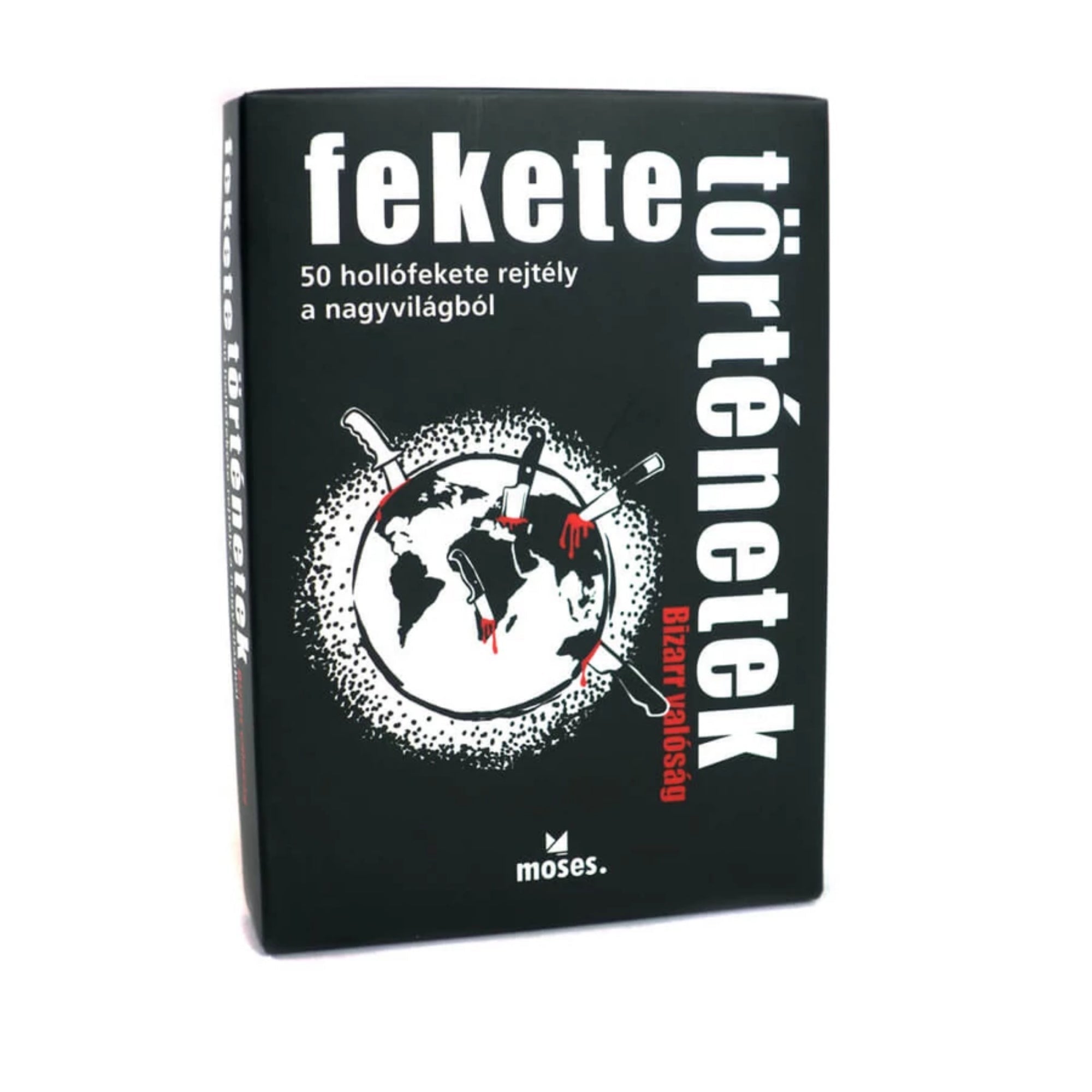 Fekete történetek – Bizarr valóság társasjáték doboza, amely 50 hollófekete rejtélyt tartalmaz a nagyvilágból.