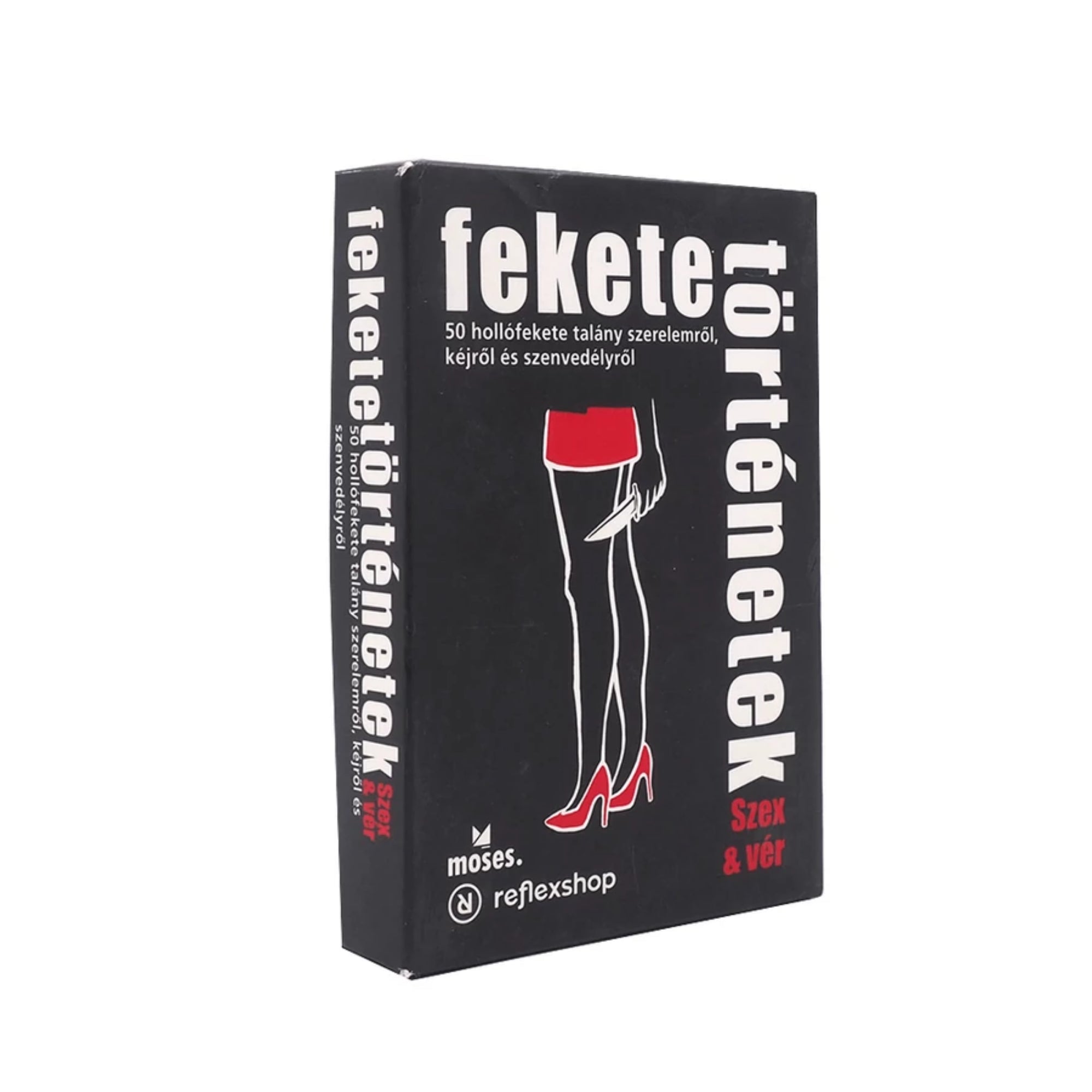 A Fekete történetek – Szex & vér kártyajáték doboza, fekete háttérrel, középen egy piros szoknyás női alak látható késsel a kezében.