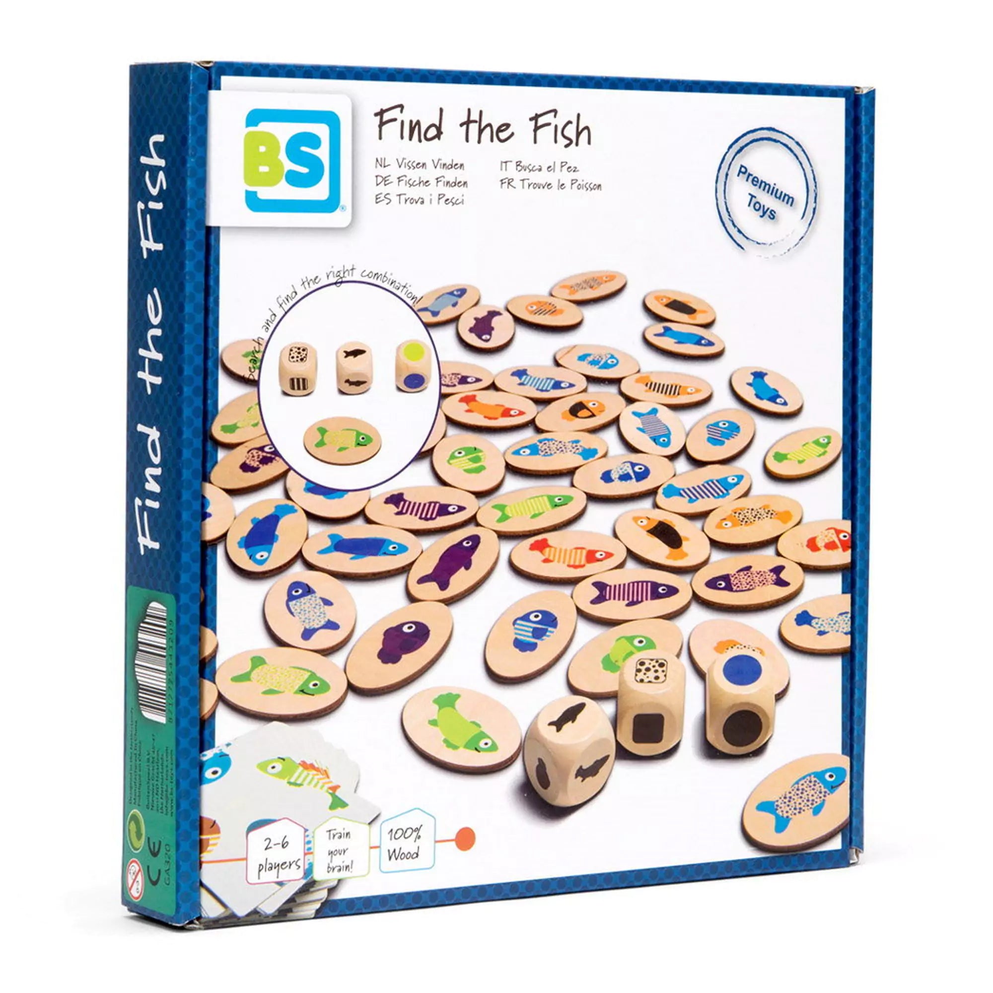 „Fogd ki a halacskákat! Készségfejlesztő játék, BS Toys – a doboz előlapja, színes halmintás korongokkal és fa dobókockákkal”