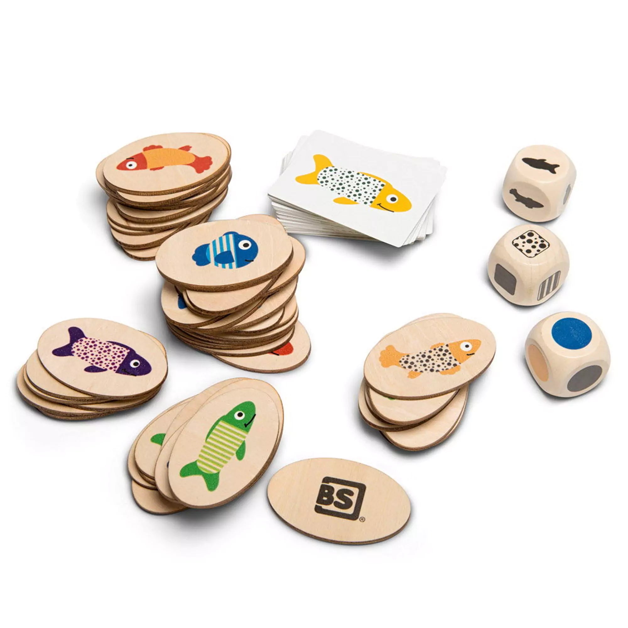 „Fogd ki a halacskákat! Készségfejlesztő játék, BS Toys – halacskás korongok, mintakártyák és három különböző fa dobókocka”