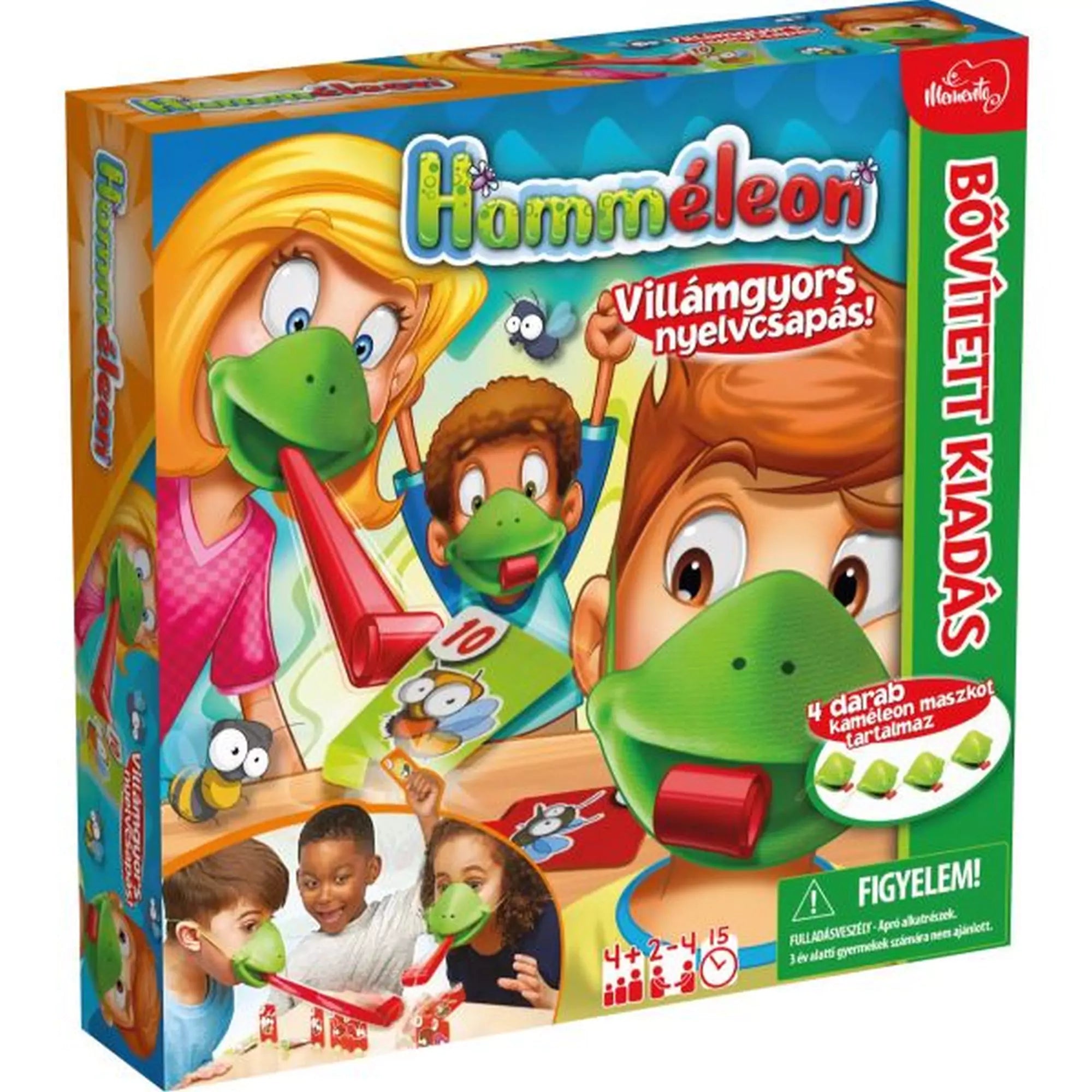 Hamméleon társasjáték doboza színes grafikával, amelyen gyerekek és felnőttek kaméleonmaszkban játszanak, villámgyors nyelvcsapásokkal.