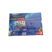 A Játékos Utazás a Föld körül társasjáték hátoldala, leírással, világtérképpel és kártyák illusztrációival, valamint a játékszabály rövid ismertetésével.