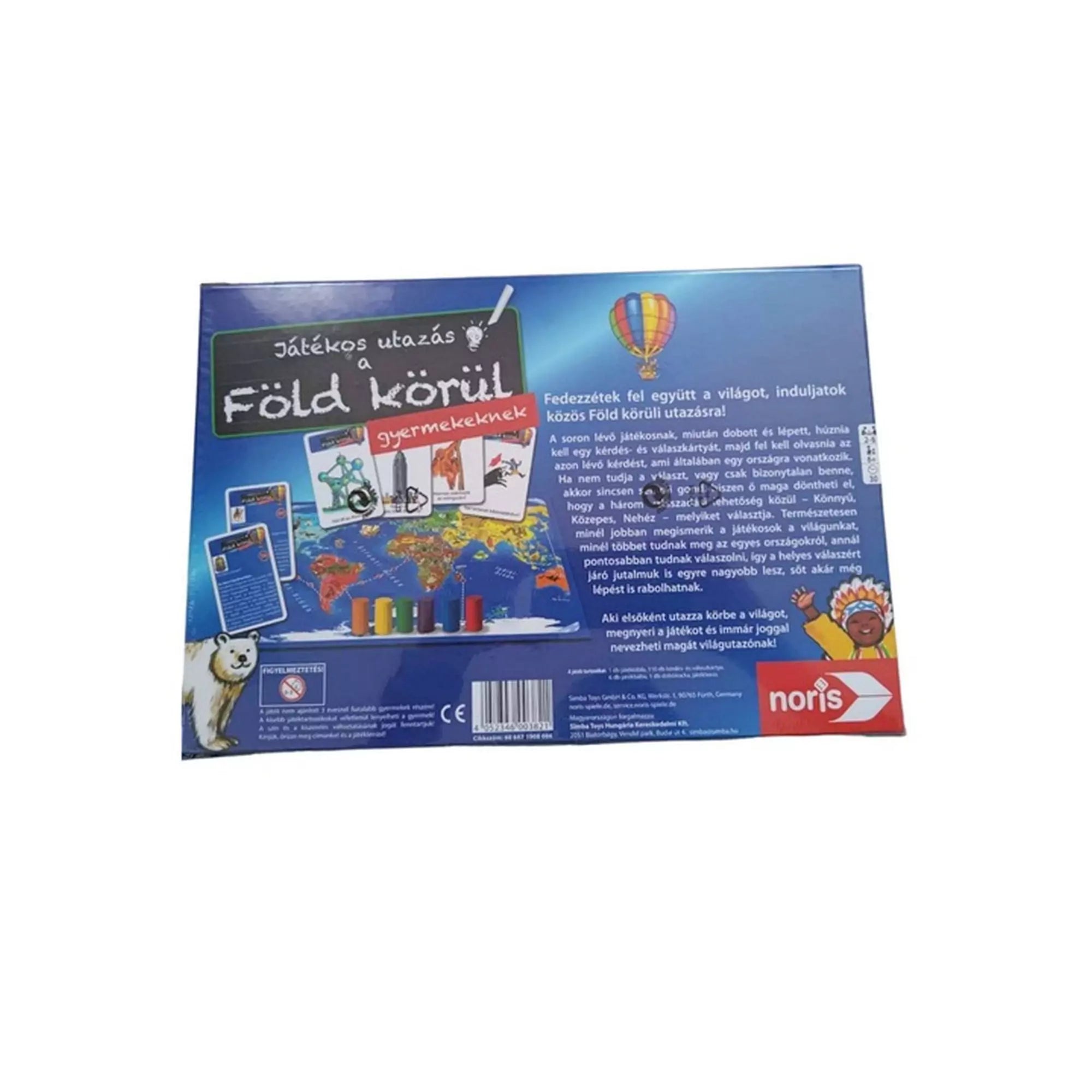 A Játékos Utazás a Föld körül társasjáték hátoldala, leírással, világtérképpel és kártyák illusztrációival, valamint a játékszabály rövid ismertetésével.